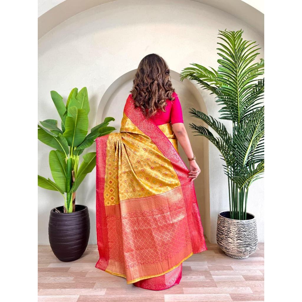 Pure Tissue Silk Saree with Zari Weaving and Meena Work with Running Blouse and Elegant Jaal On the Body.  Blouse : Contrast As Per Video