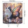 1pc butterfly cat shower curtain, fantastic artistic design, with sunny garden background,  with 12 hooks.