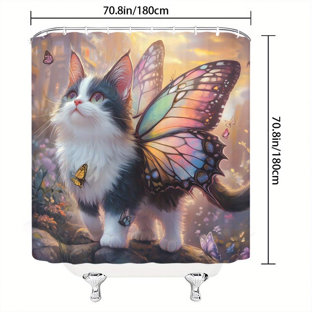 1pc butterfly cat shower curtain, fantastic artistic design, with sunny garden background,  with 12 hooks.