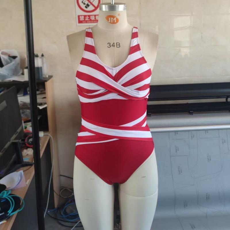 New one-piece swimsuit women's sexy black and white striped cross V-neck to cover the belly and look thin conservative vacation swimsuit