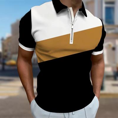 Herrenhemd Polo Casual Reißverschluss Kurzarm Mode Lässig Reißverschluss Sommer Frühling Normale Passform Farbblockierendes Spleißen 3D-Druckhemd