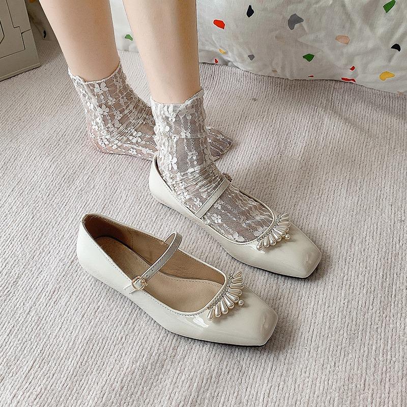 Square Toe French Pearl One Buckle Strap Low Heel Mary Jane Women's Shoes with Skirt Light Mouth Soft Sole Single Shoes