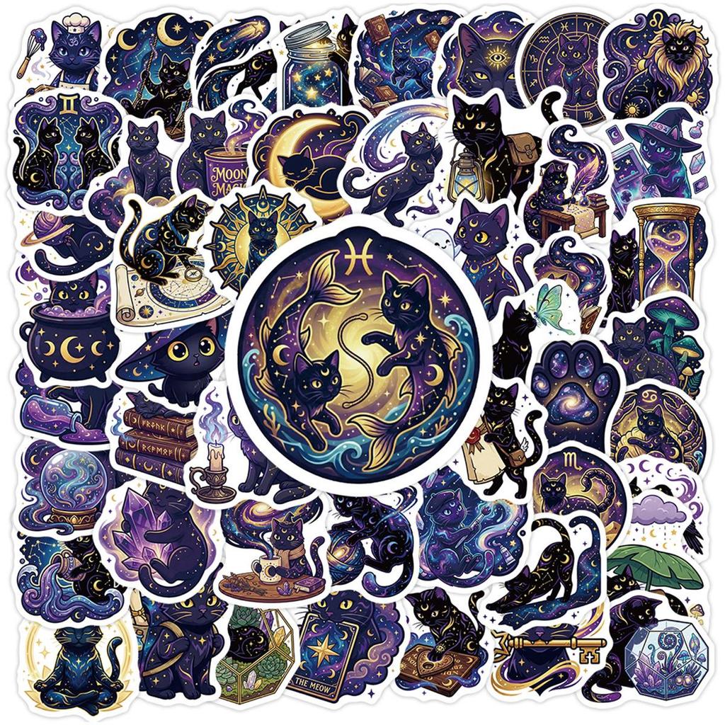 50 Cartoon Starry Sky Cat Stickers - Waterproof, Creative, Cute Decorative Decals for Water Bottles