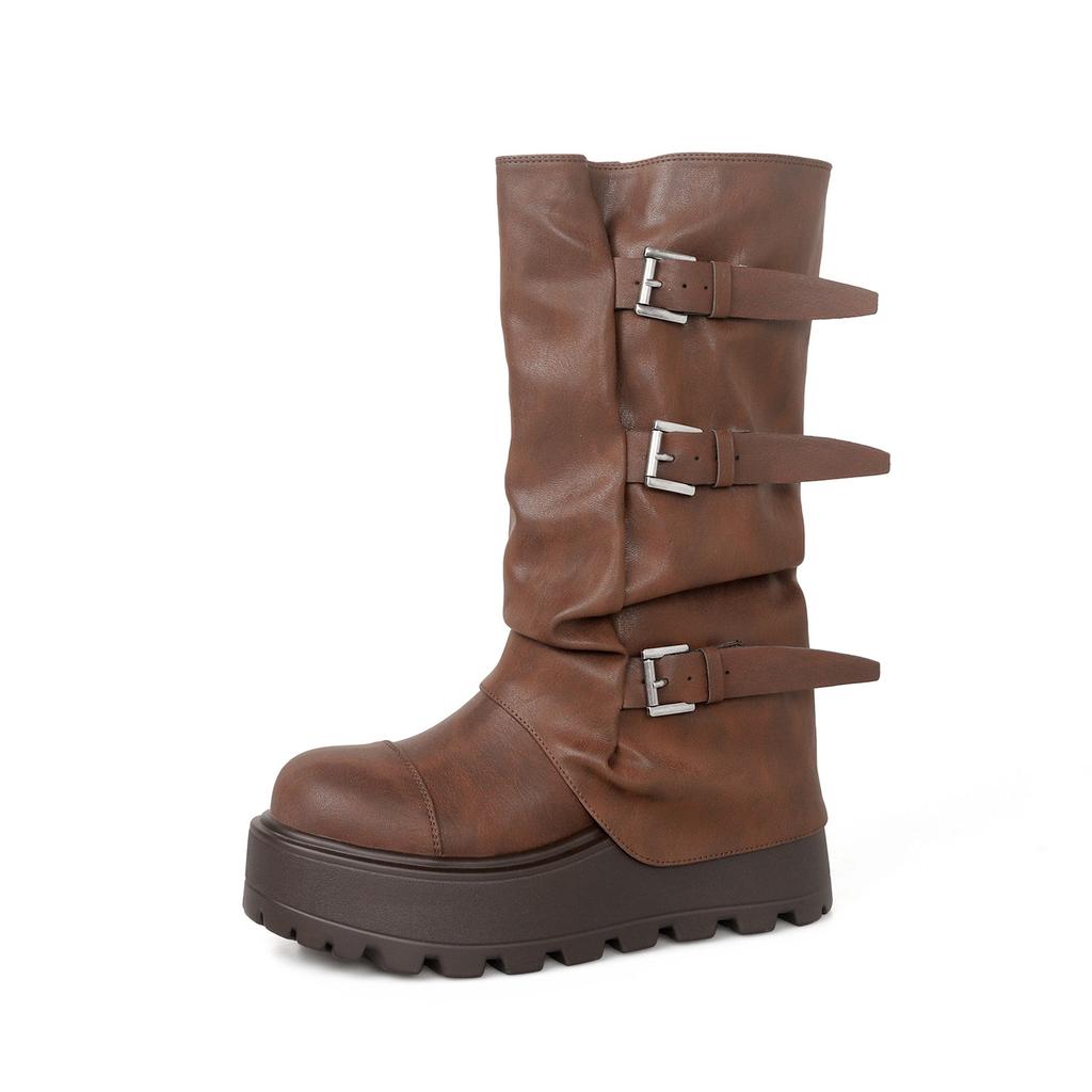 Small Man Height Increase Thick-soled Medium Boots Autumn and Winter Western Cowboy Pile Wasteland Wind Knight Boots Pant Tube Women's Boots