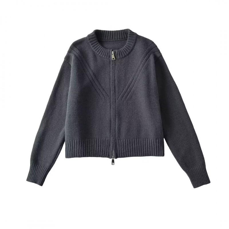 Womens Short Cropped Knit Cardigan With Zipper Round Neck Casual Streetwear Sweater