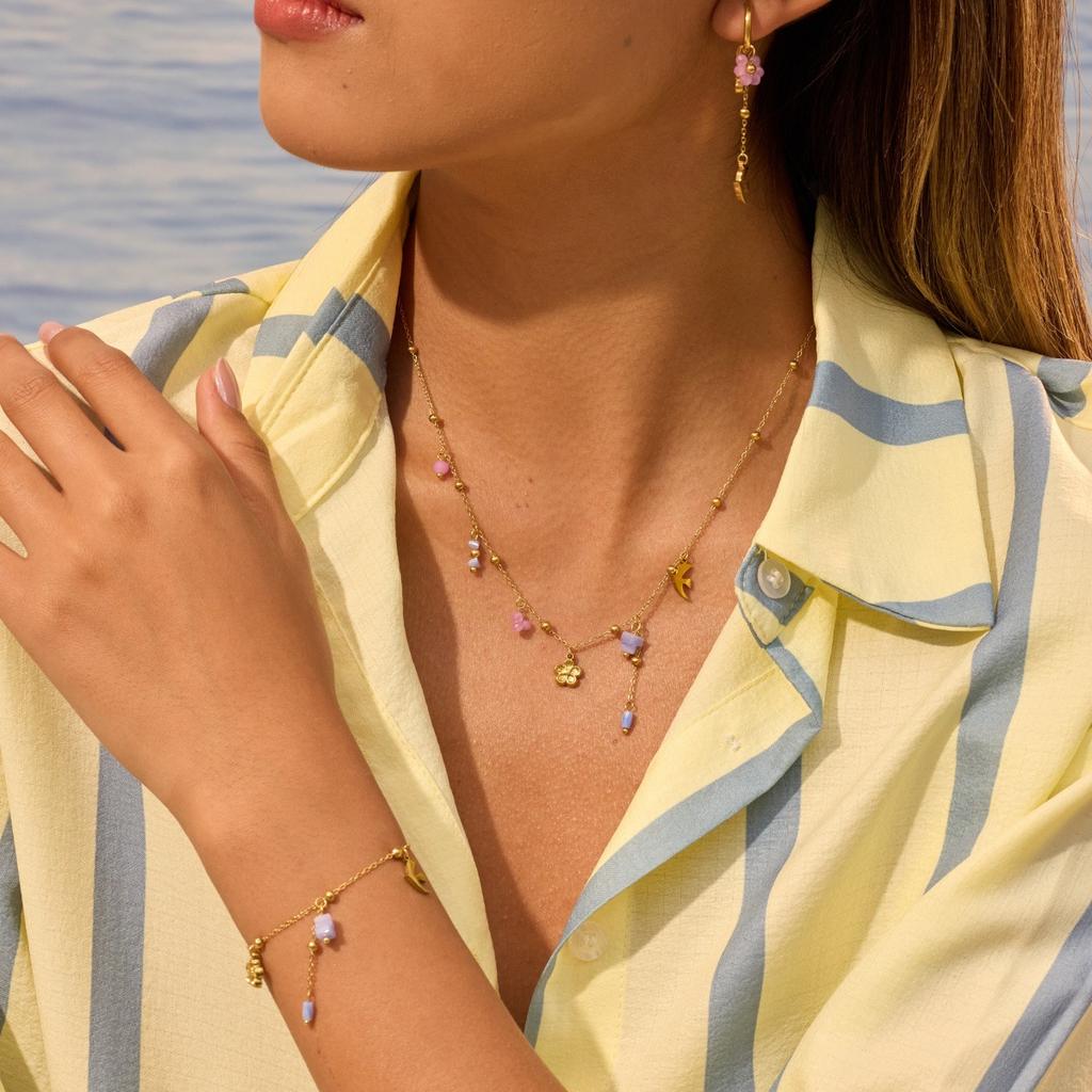 Waterproof Durable Non-Fading Trendy Spring Fresh Breeze Purple Bird 18K Gold Plated Stainless Steel Women's Necklace Chain Set