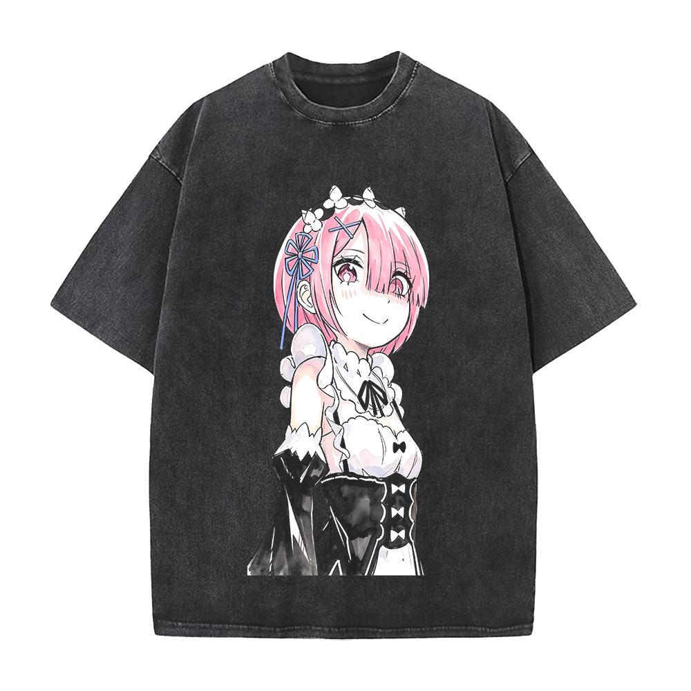 Hot Anime Re Zero Ram Cute Print T-shirt Men Women Tshirts Short Sleeve Cotton Clothing Retro Washed T Shirt Harajuku Loose Tops