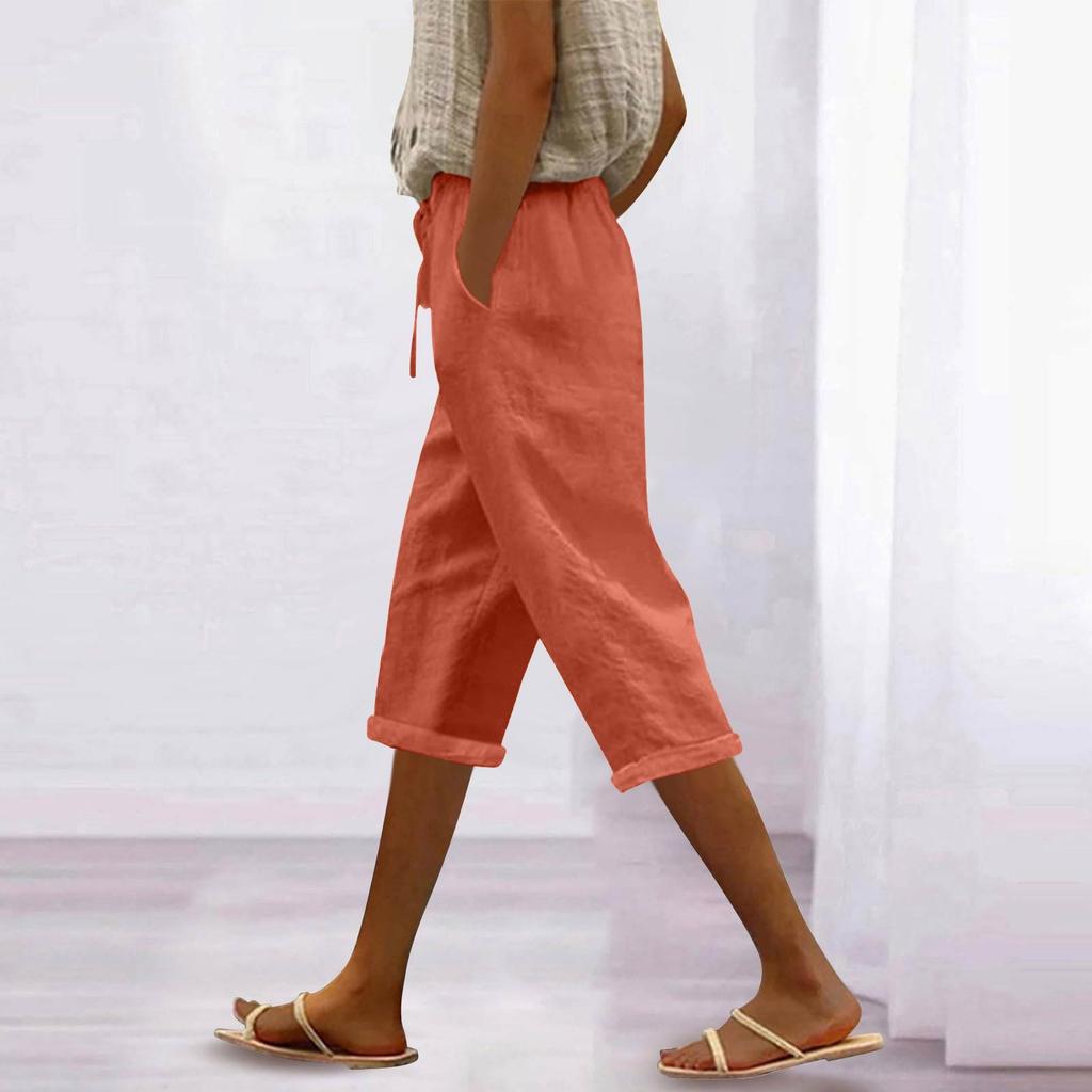 Women's Fashion Casual Loose Colour Cotton Linen Drawstring 7/10 Pants