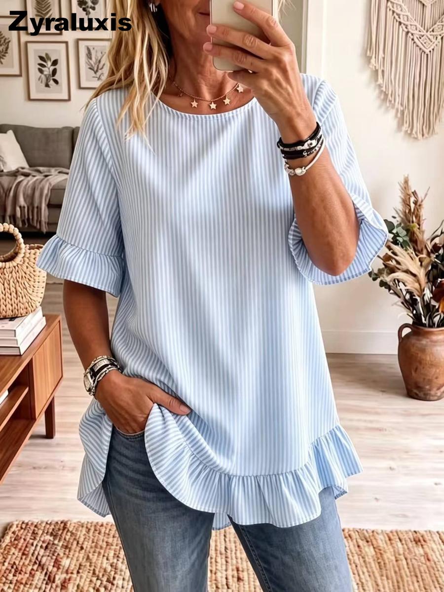 Summer Women s Five-Fifth Sleeve Striped Loose Casual Ruffled Shirt S