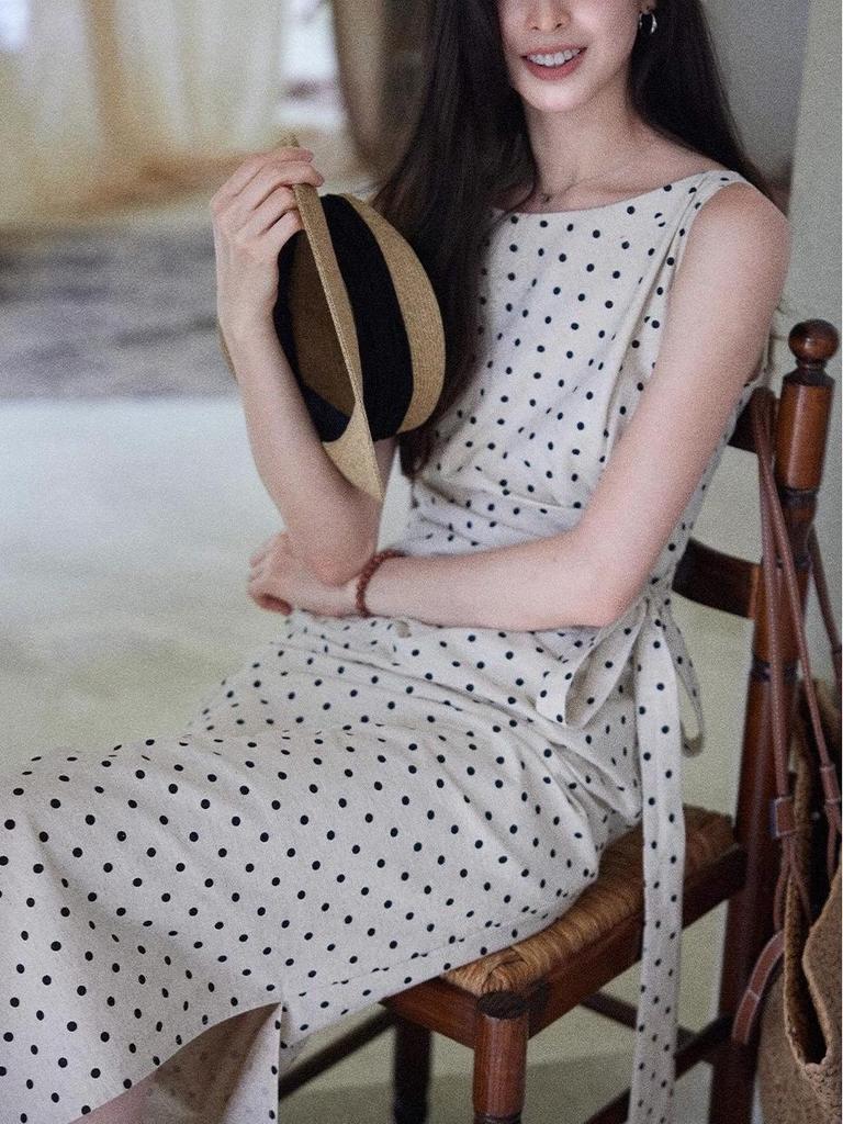 Polka Dot Linen-Cotton Dress for Women with Cinched Waist, French Style
