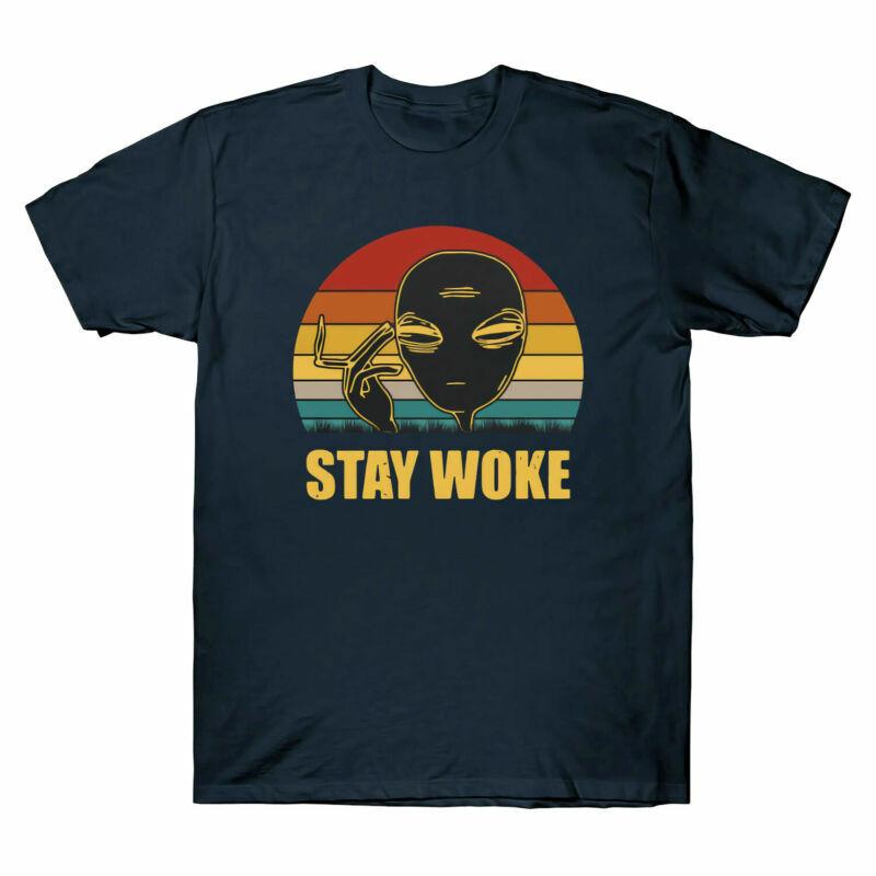 Unisexs Graphic T Short Alien Tee Woke Stay Shirt Funny Vintage Sleeve Smoke Retro