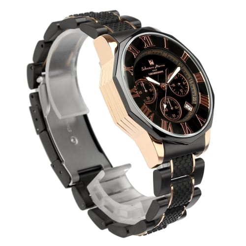 Salvatore Mara Watch Chronograph 10 ATM Water Resistant Business Formal Italian Brand Limited Model Men's SM15104 (Black X Pink Gold)