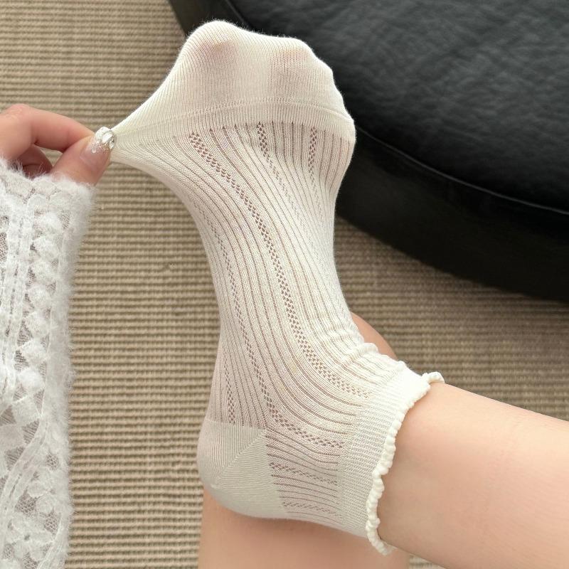 White Mesh Stockings - Summer Lightweight Lace Mid-calf Socks Without Bones - Postpartum Stockings with Low Heel and Shallow Opening