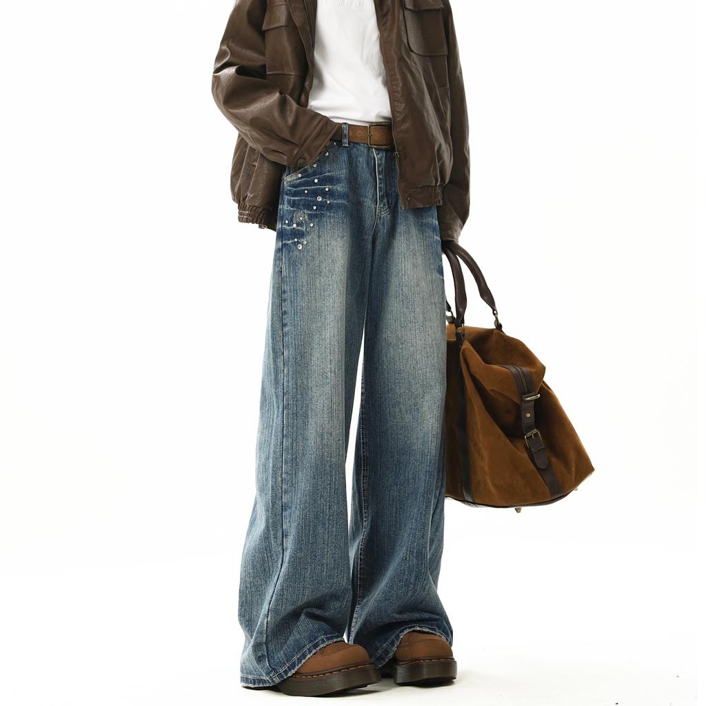 American-Style Retro Rivet Lightning Pattern Jeans Men's and Women's Autumn and Winter Fashionable Washed Distressed Casual Pants Ruan Handsome