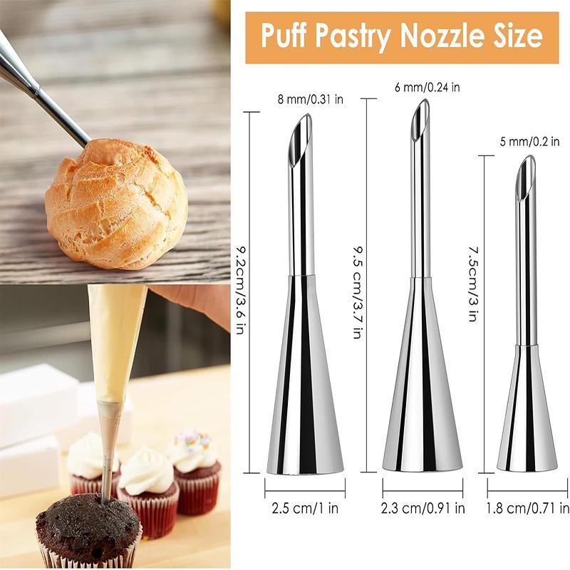 3Pcs Cream Icing Piping Nozzle Tips Set Stainless Steel Puff Mouth Puff Nozzle Tip Kit DIY Cupcake Puff Nozzle Tips Baking Tool