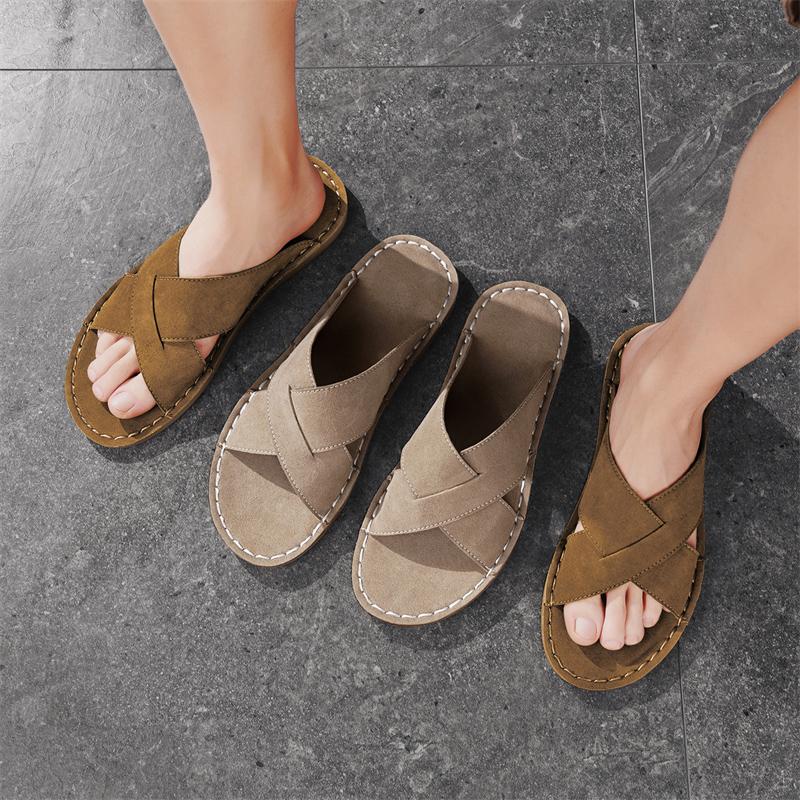 Men Slippers Handmade Simple Flats Brown Suede Sandals Summer Open Toe Beige Beach Shoes Plus Size