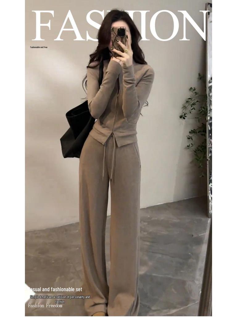 Korean Style Slimming Hoodie & Wide Leg Pants Sports Two-Piece Set for Women - 2026 Collection