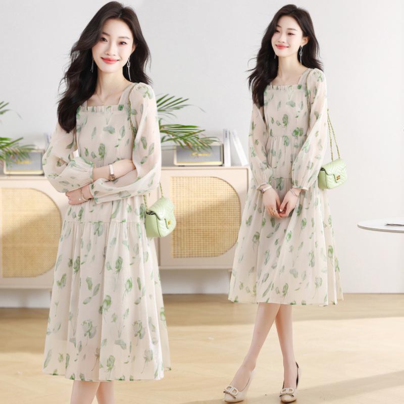 Elegant French Floral Print Puff Sleeve Dress: Spring & Autumn Waist-Cinching Long Skirt