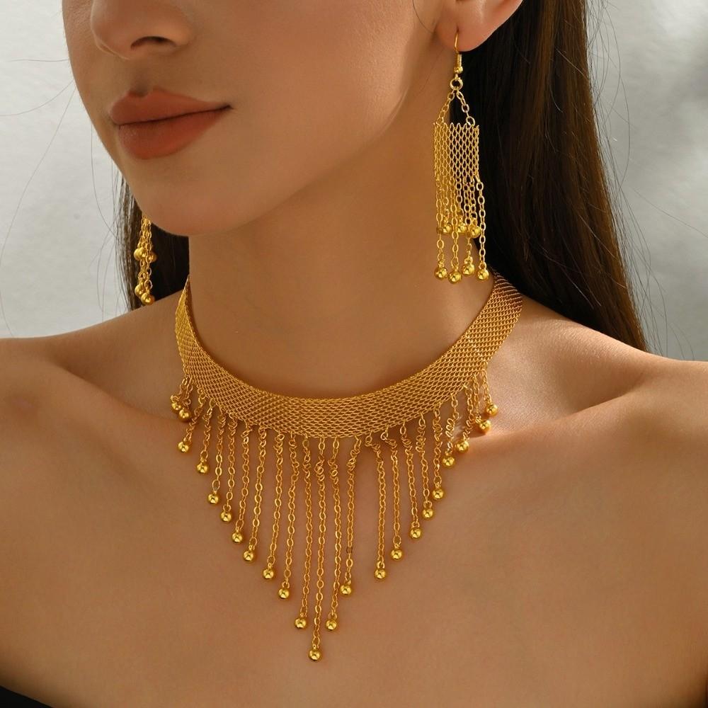 Mesh Chain Bridal Jewelry Set Long Tassel Gold Plated Zinc Zinc Alloy Set Necklace Earrings Set Anniversary