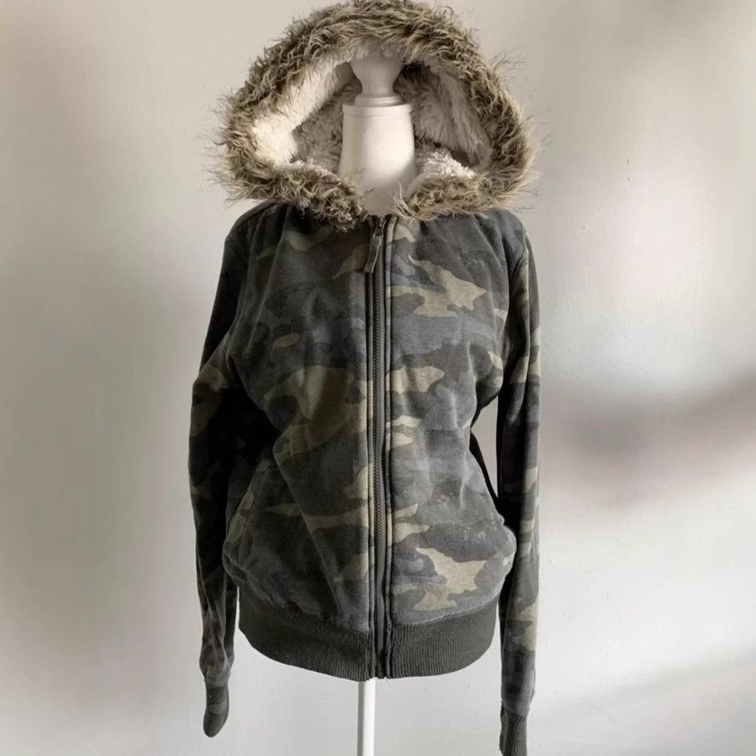 

American Retro Vintage Fur-Collar Camouflage Cardigan: Pre-owned, Fleece-Lined, Waist-Slimming Autumn/Winter Coat S