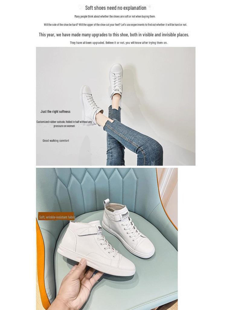 Genuine Leather High-Top White Women's Sneakers - 2025 Spring Collection