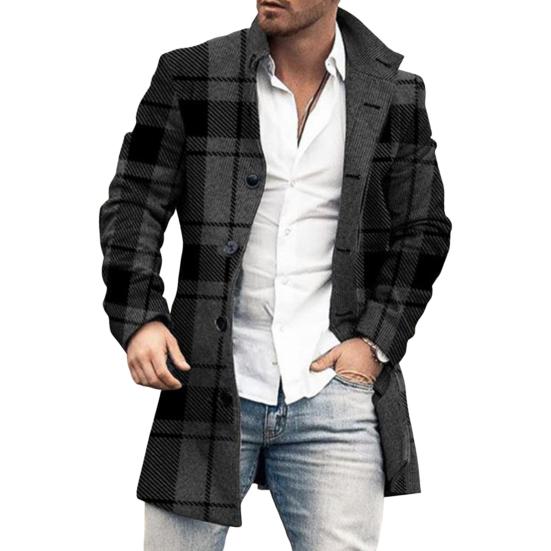 Men Overcoat Plaid Single-breasted Turndown Collar Long Sleeves Slim Mid-length Jacket Coat Streetwear
