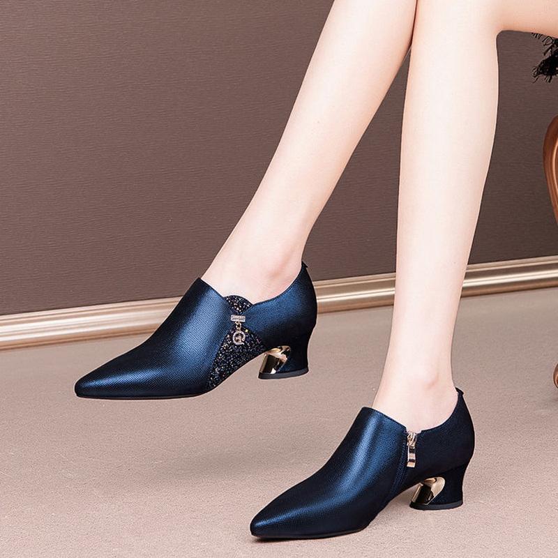 Mode FHC Neue Damen Hohe Absätze,Schafsleder HochzeitsSchuhe,Mode Blockabsatz,Spitze Zehenpartie,Britischer Stil,BLAU,ROT,Dropshipping