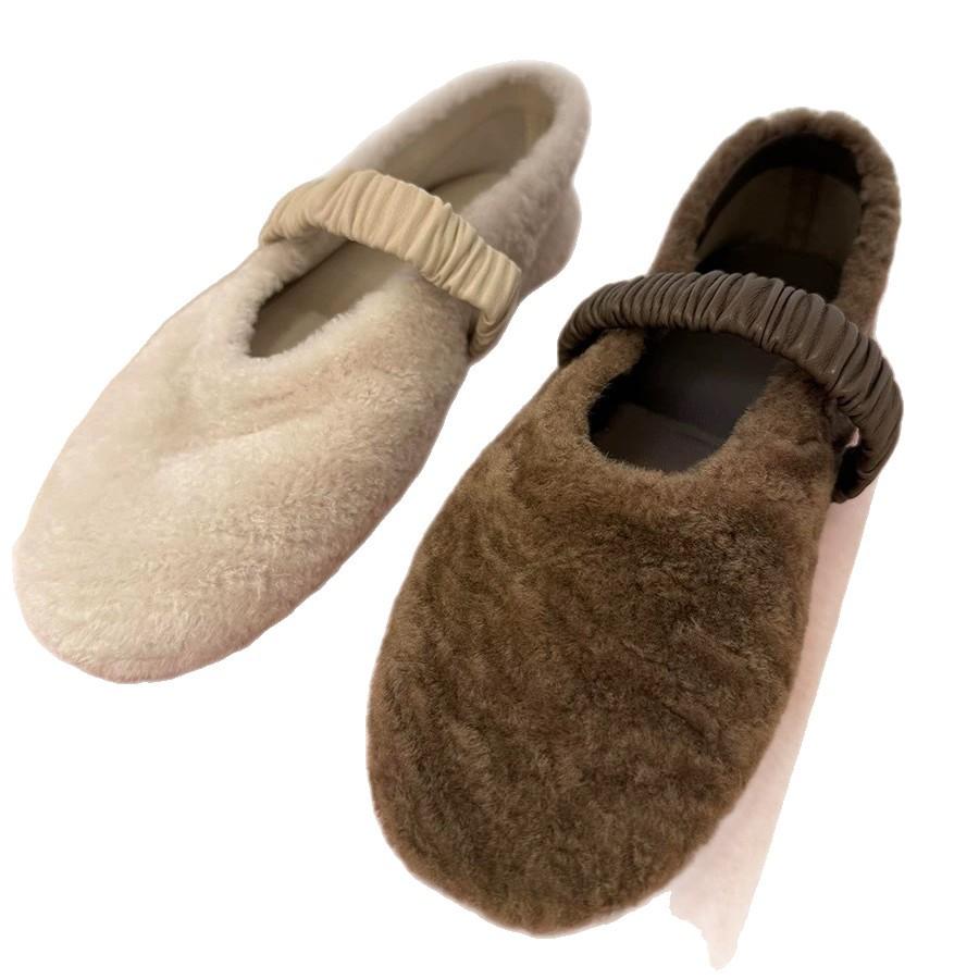 Sheepskin Version~ Gentle Wind Round Head Shallow Mouth Flat Bottom One Word with Mary Jane Shoes Fluffy Shoes Women's Winter Cotton Shoes Single Shoe