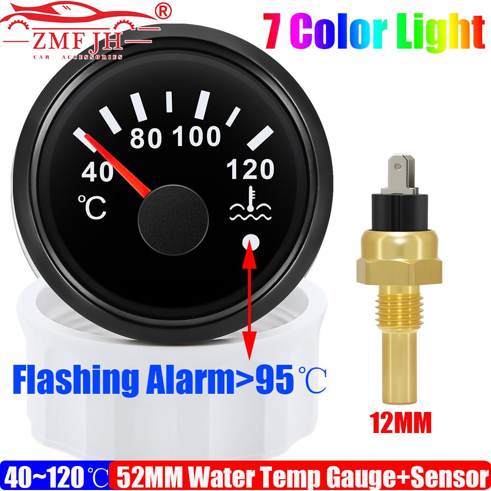 Auto Car 52MM Water Temperature Gauge with Warning Sensor 12MM,14MM,16MM 40-120℃ Water Temp Meter Indicator 7 Color Backlight