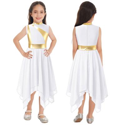 Girls Praise Dancing Dress Metallic Patchwork Sleeveless Asymmetrical Hem Modern Lyrical Dance Costume