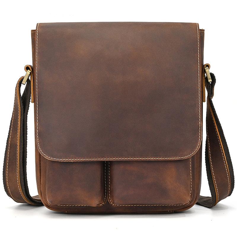 Men'S Genuine Leather Shoulder Bag Crazy Horse Leather Messenger Bag First Layer Cowhide Flip Shoulder Bag Casual Bag