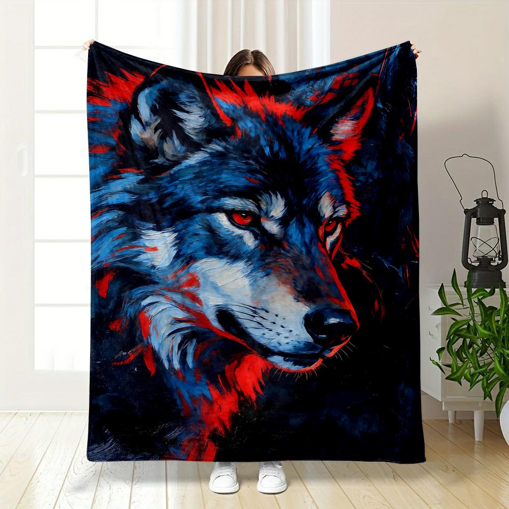 Vivid Blue and Red Wolf Illustration Blanket Flannel blanket for bedroom, living room, sofa, and nap sofas.