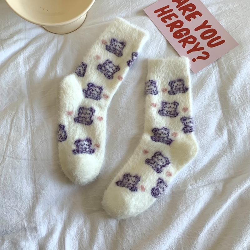 Cartoon Cute Socks Women'S Warm Mink Velvet Medium Tube Socks Autumn And Winter Fluffy Thickened Japanese Stacking Socks Women'S Socks Long