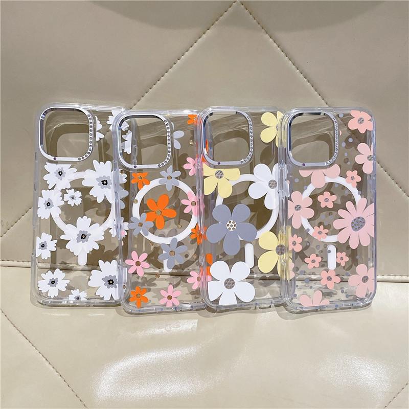 Applicable To Iphone16 Mobile Phone Case Diamond Lens Frame Apple 17 Transparent Magnetic Case Small Fresh Flower 15pro