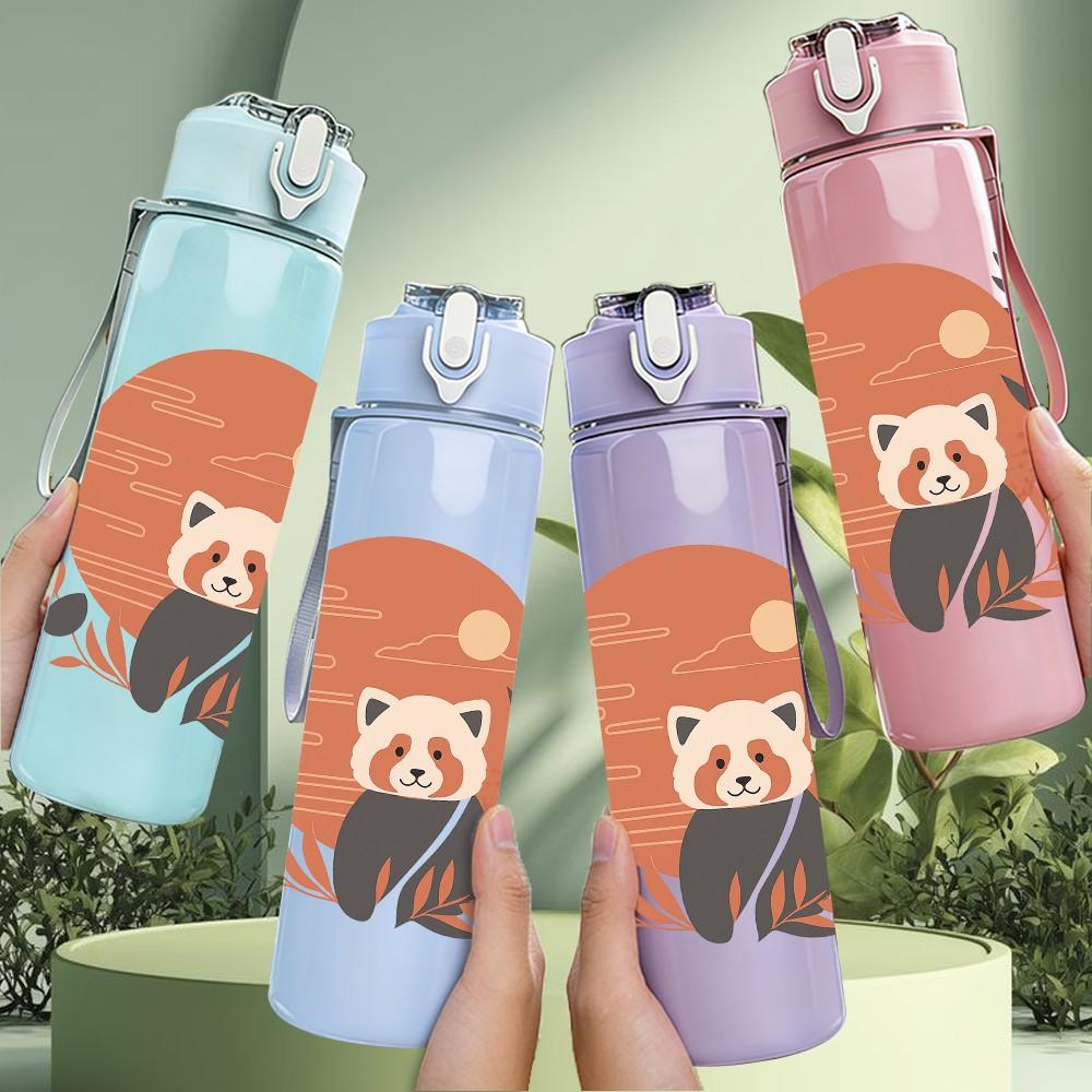1PC Round Frame Panda Pattern 750ml Color Plastic Sports Water Bottle Leakproof Flip Straw Lid Suitable for Sports Office Home Use