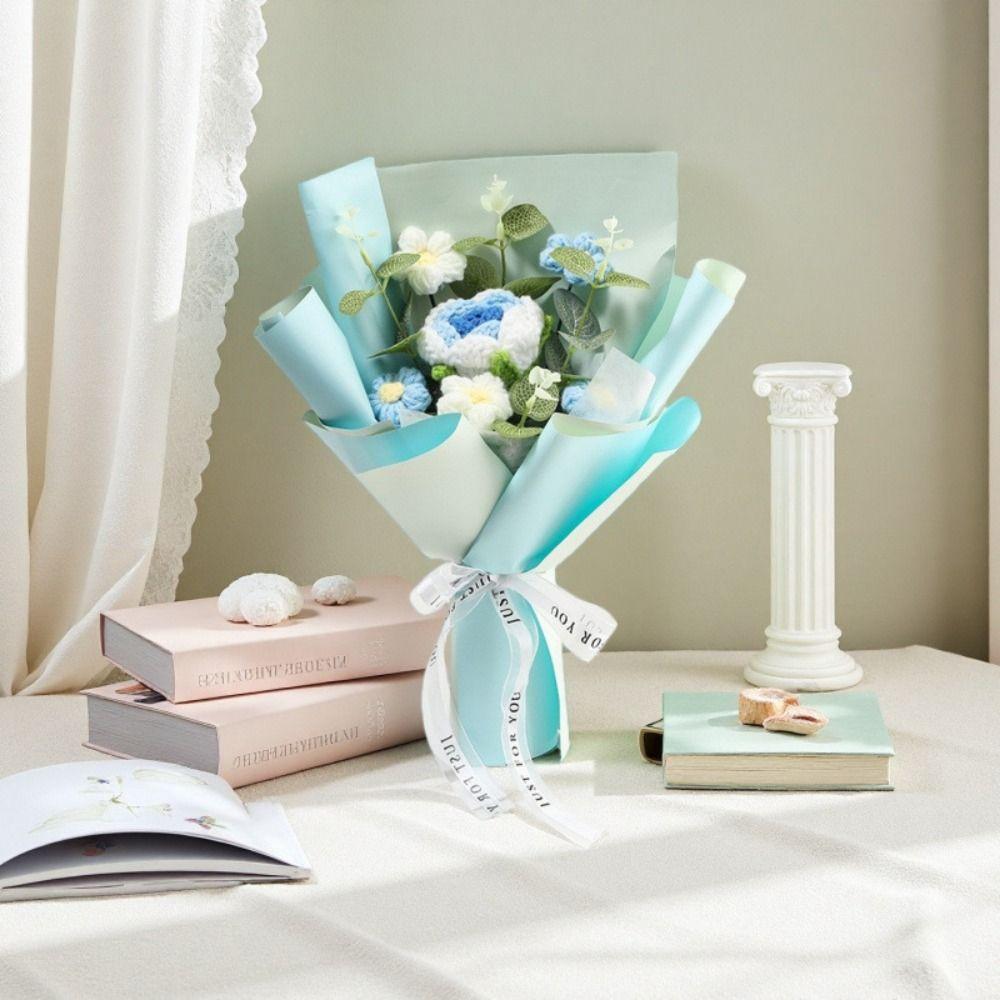 Finished Crochet Rose Flower Bouquet With artificial leaves 1 Large Flower&5 Small Flowers Knitted Flower Bouquet Gifts