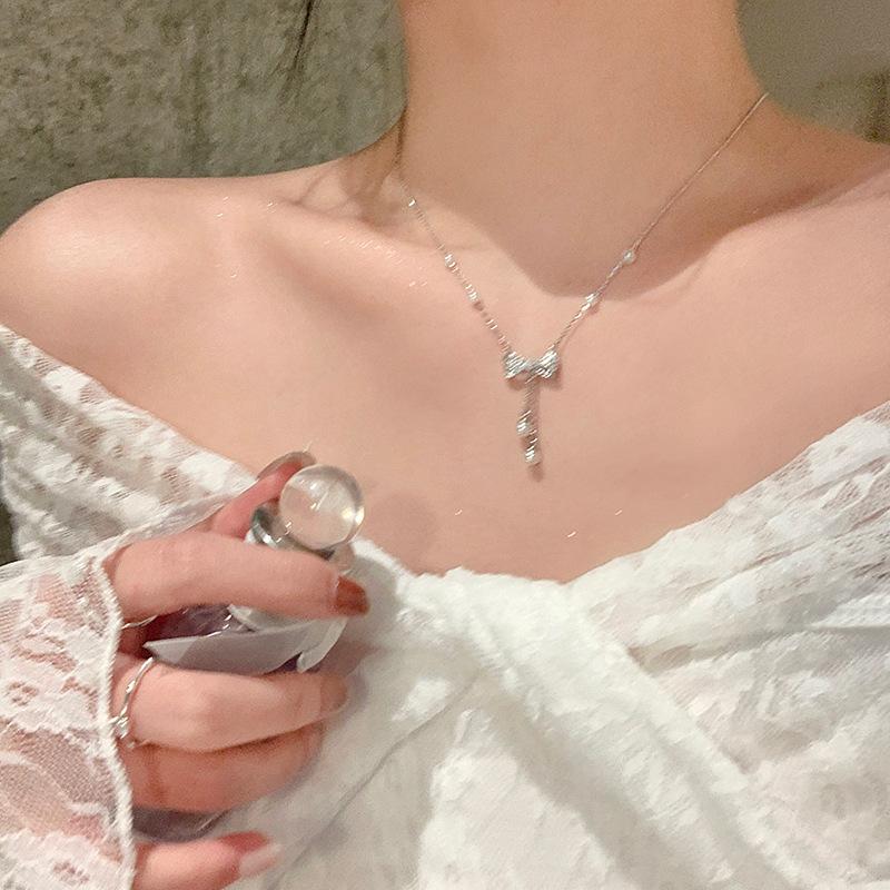 Pearl Bow Tassel Pendant Necklace, Minimal Elegant Versatile Luxury Clavicle Chain