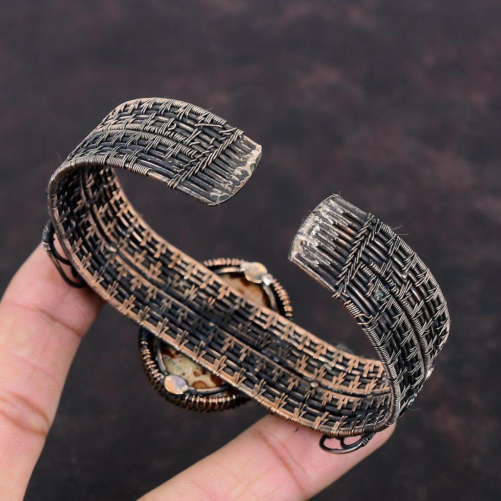 Asteroid Jasper Cuff Bracelet Copper Wire Wrapped Bangle Gemstone Adjustable Cuff Bracelet Rainbow Moonstone Bangle Handmade Designer Bangle