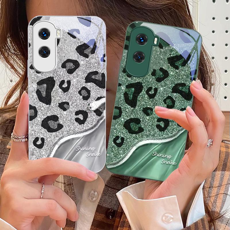 Leopard Sequin Snake For Honor 200 90 8X 9X Pro Lite P50 P40 Nova 10 11i P60 Magic4 6 Mate 20 50 Tempered Glass Phone Case