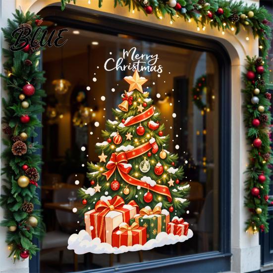 Reusable Static Stickers Christmas Tree Window Cling Xmas with Colorful Balls and No Glue Gift Boxes Holiday PVC Decals for Glass Doors Showcases