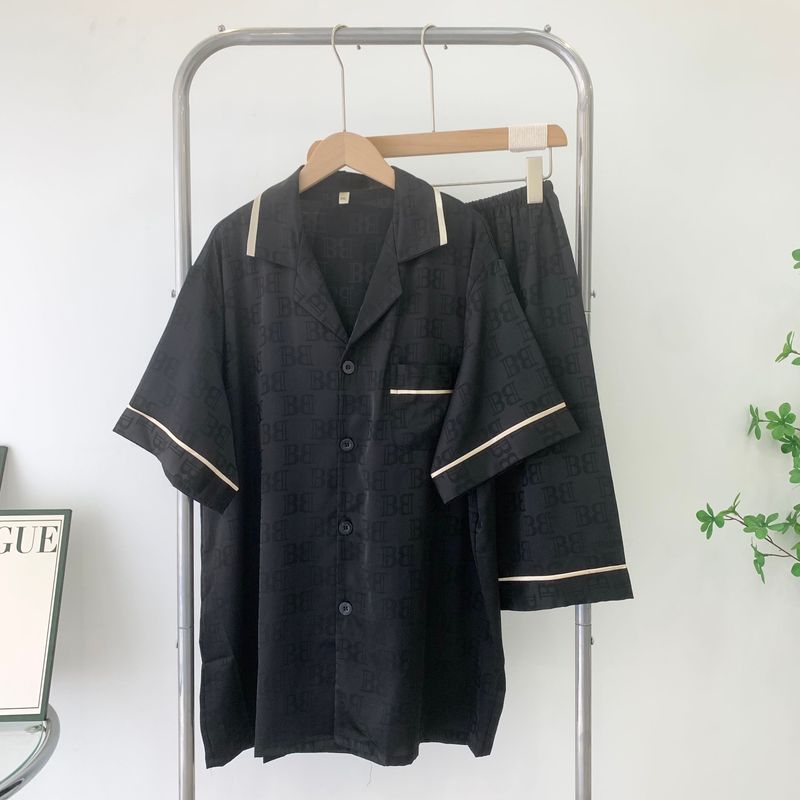 2025 New Arrival Spring and Summer Men's Pajamas Suit Silk Jacquard Short Sleeve Pants Home Wear Can Be Twinset Outfit Men