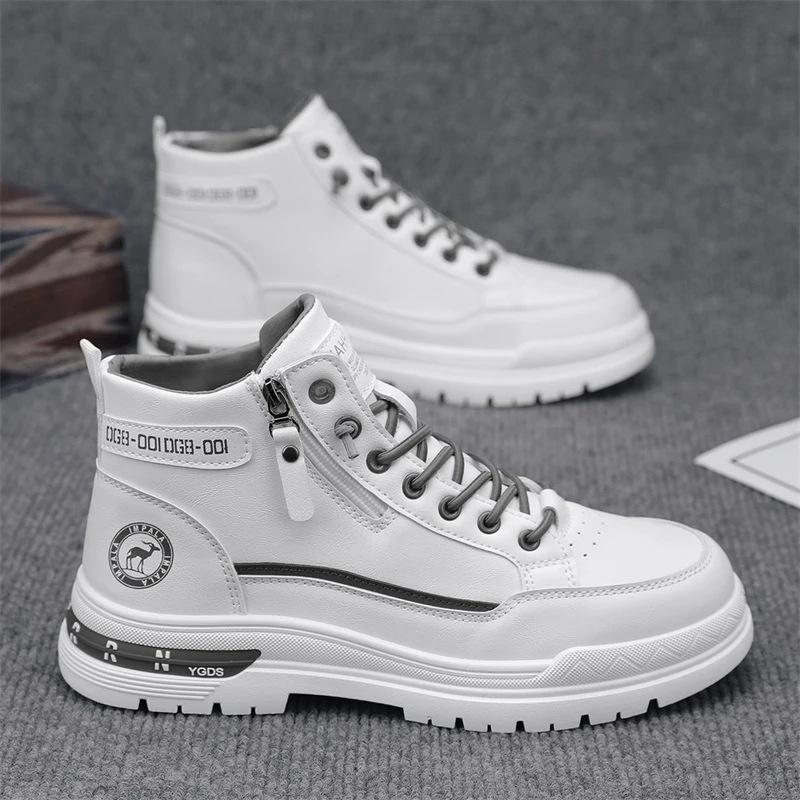 Winter High-top Men's Shoes Soft-soled Non-slip Sports White Leather Flat Shoes Men's Trendy Casual Tooling Boots
