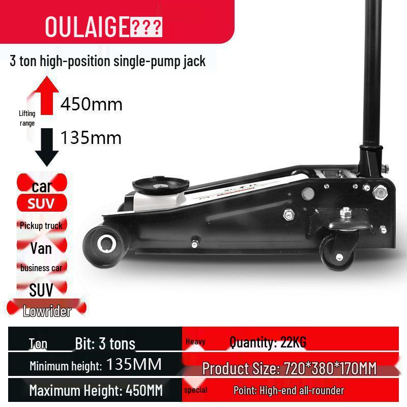 3-Ton Horizontal Hydraulic Car Jack with Double Pump for Small Trucks and Sedans