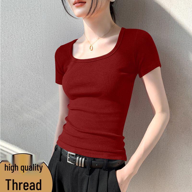Damen Europäischer Trend Geripptes Quadratischer Ausschnitt Kurzarm T-Shirt - Atmungsaktiv, Anti-Pilling Mode