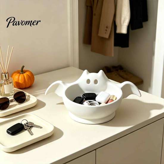 Festive Home Party Decor Halloween Candy Bowl, Bat Shape Ceramic Serving Dish, Cute Ghost Shaped Snack Holder Tabletop Decoration for Snacks