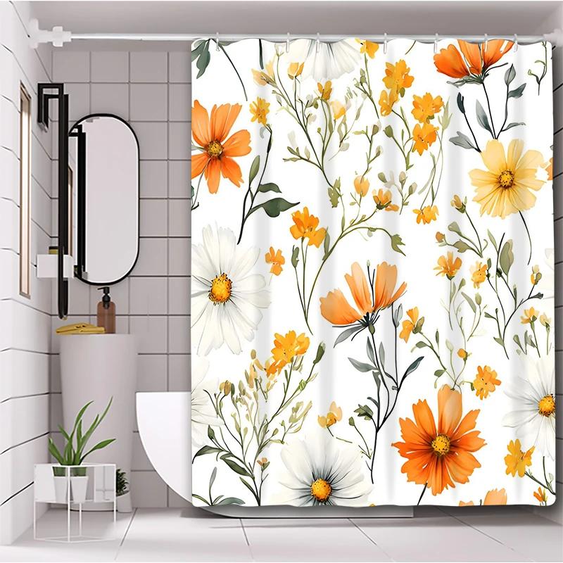 Yellow Flowers pattern Bathing Curtain  Bathroom Shower Curtain Waterproof With 12 Hooks Home Deco