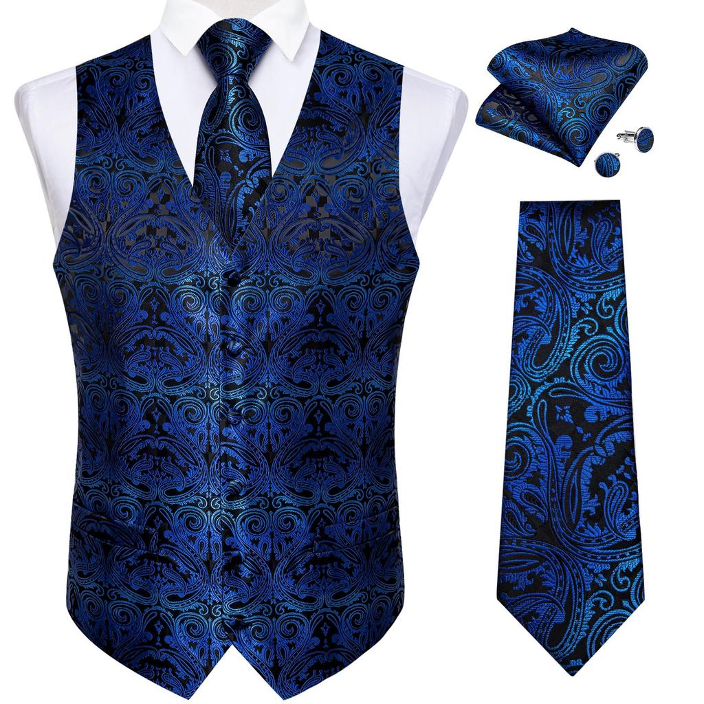 Herren-Weste, schmale Passform, Seidenweste, Krawatte und Einstecktuch, Manschettenknöpfe, Gilet, Geschenk