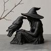 3D Printed Witch Ornament, with Stable Base Matte Black Figurine, Gothic Style Resin Sculpture for Halloween Party Home Decorations