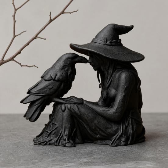 3D Printed Witch Ornament, with Stable Base Matte Black Figurine, Gothic Style Resin Sculpture for Halloween Party Home Decorations