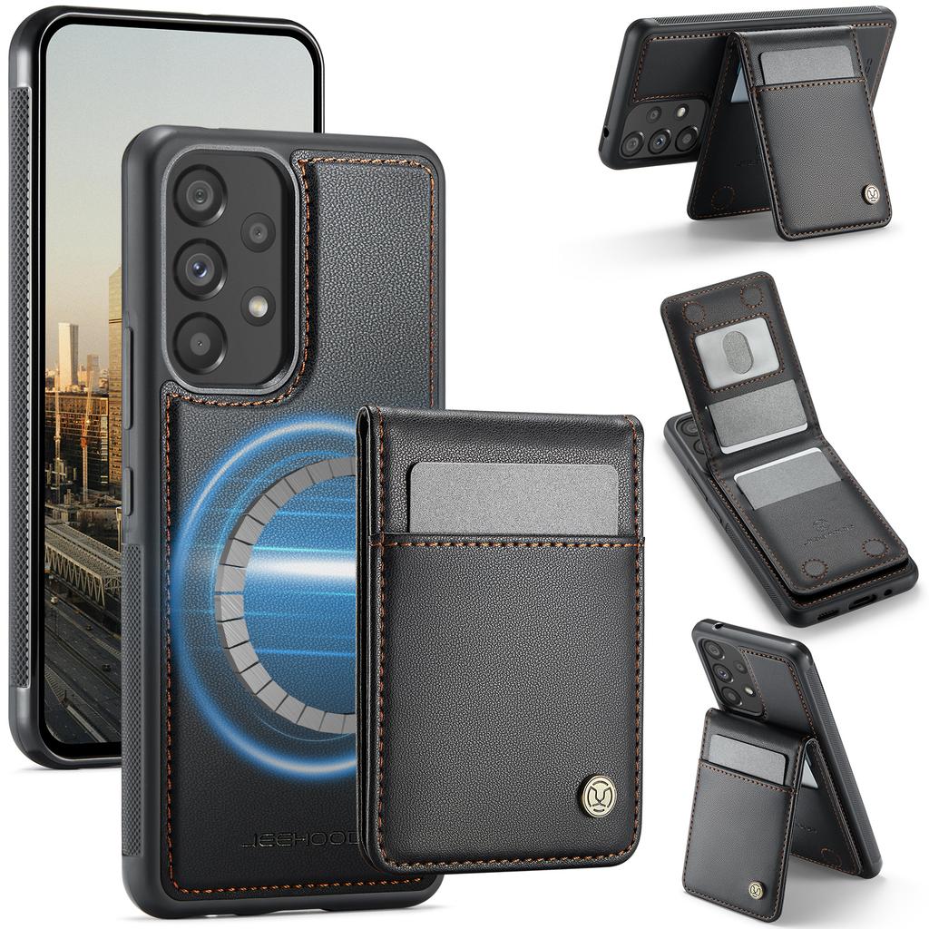 For Samsung Galaxy A53 5G Leather Back Cover Compatible with MagSafe JEEHOOD J06 Phone Case with Card Bag RFID Blocking